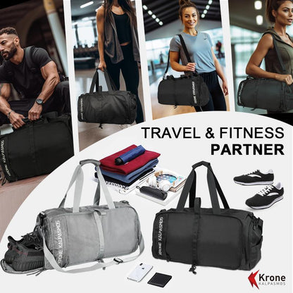 Krone Kalpasmos Gym Bag Small Foldable Lightweight Waterproof Multifunctional Partition Nylon Duffle Bag for Sports and Travel Black