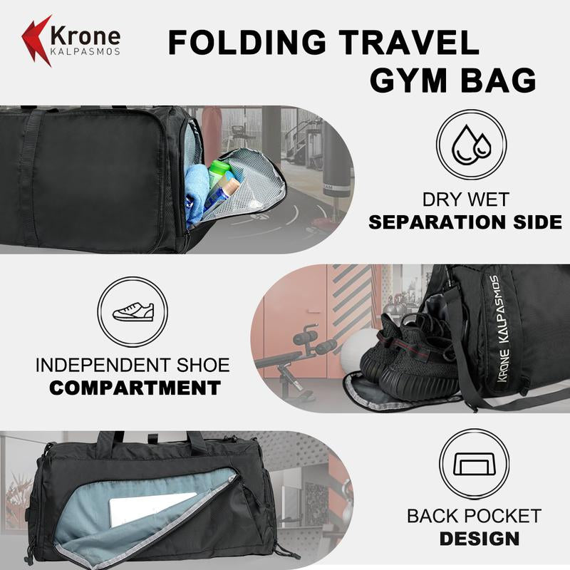 Krone Kalpasmos Gym Bag Small Foldable Lightweight Waterproof Multifunctional Partition Nylon Duffle Bag for Sports and Travel Black