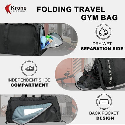 Krone Kalpasmos Gym Bag Small Foldable Lightweight Waterproof Multifunctional Partition Nylon Duffle Bag for Sports and Travel Black