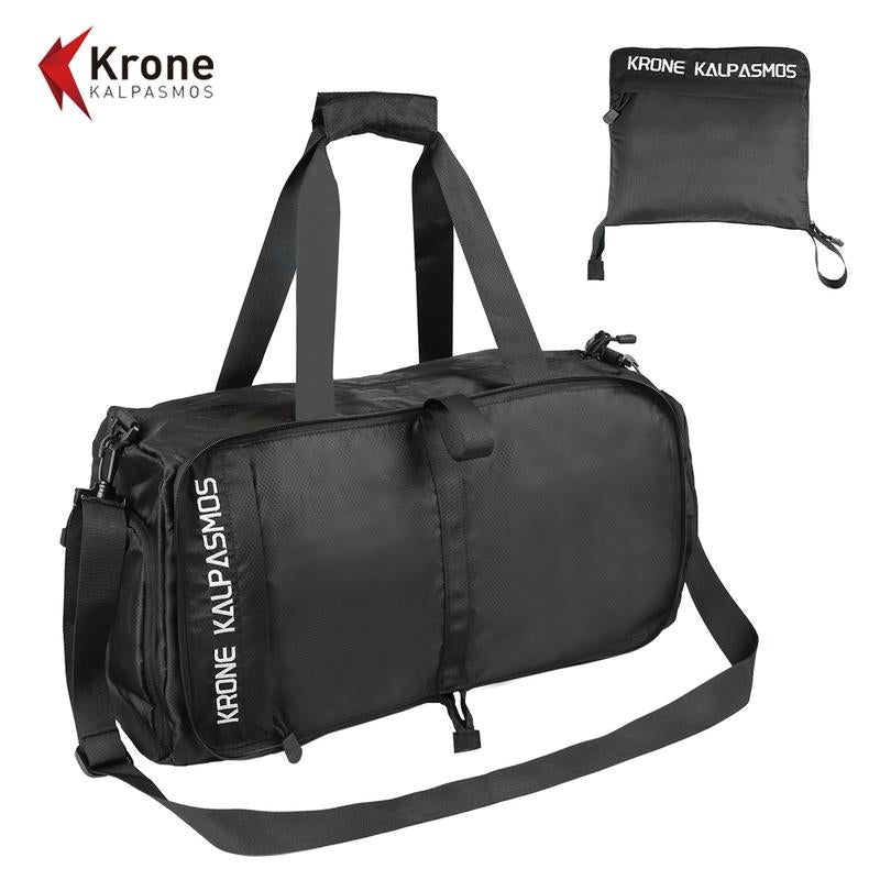 Krone Kalpasmos Gym Bag Small Foldable Lightweight Waterproof Multifunctional Partition Nylon Duffle Bag for Sports and Travel Black