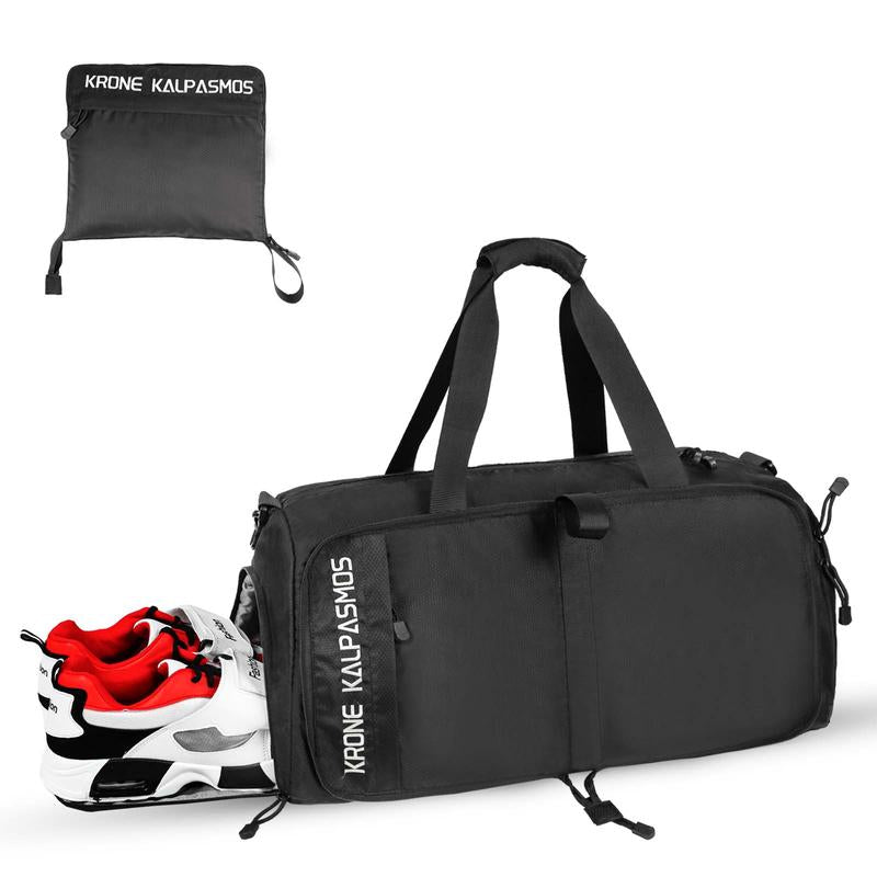 Krone Kalpasmos Gym Bag Small Foldable Lightweight Waterproof Multifunctional Partition Nylon Duffle Bag for Sports and Travel Black