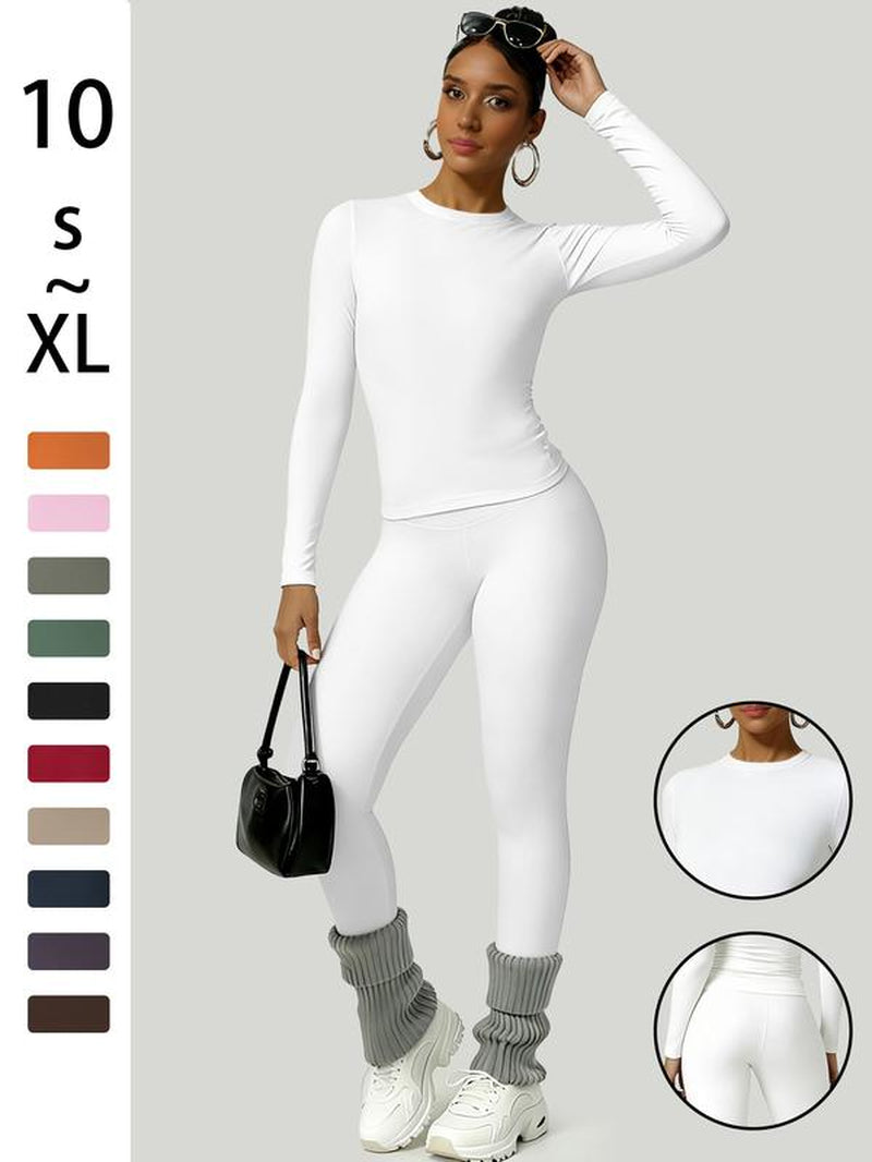 Women'S Sporty Solid Color Top & Pants Set, Comfortable Tee & Slim Fit Leggings, Ideal for Daily Yoga & Fitness Activities