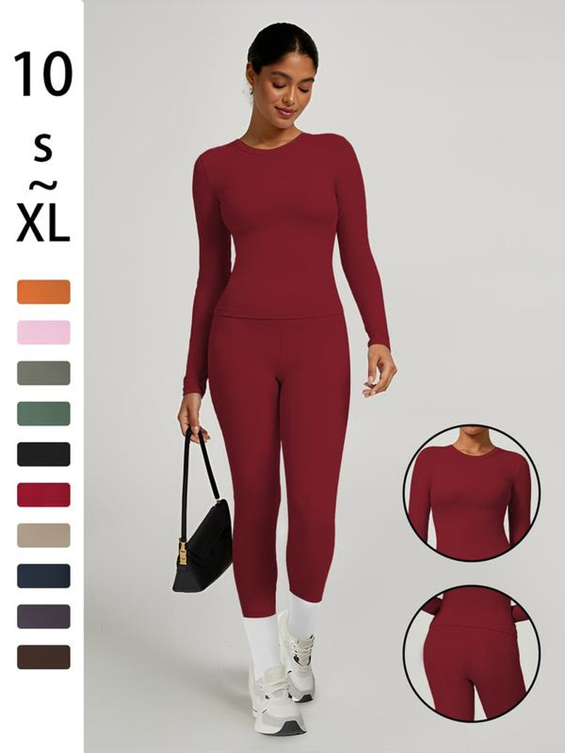 Women'S Sporty Solid Color Top & Pants Set, Comfortable Tee & Slim Fit Leggings, Ideal for Daily Yoga & Fitness Activities