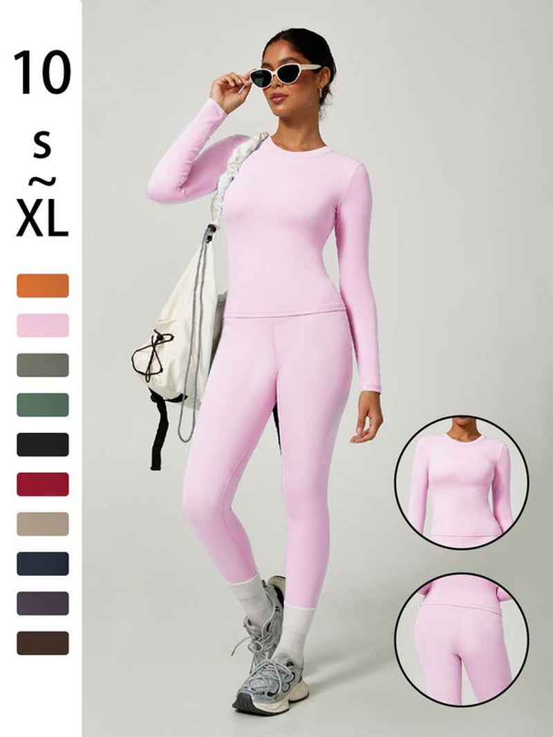 Women'S Sporty Solid Color Top & Pants Set, Comfortable Tee & Slim Fit Leggings, Ideal for Daily Yoga & Fitness Activities