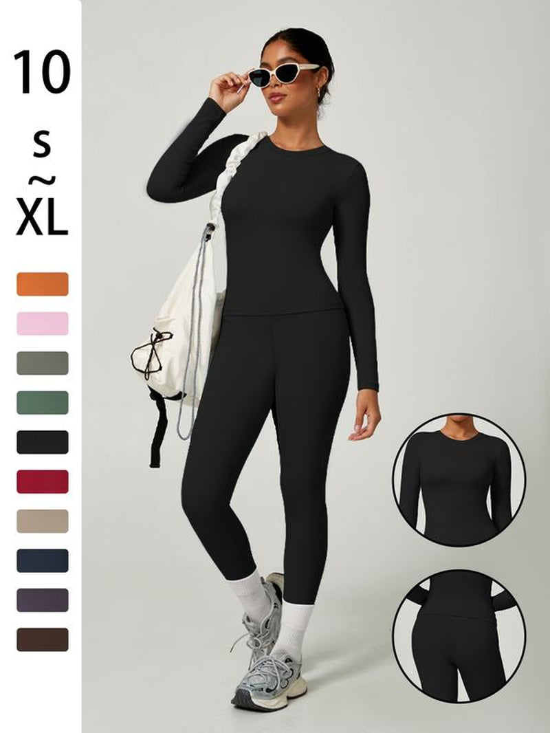 Women'S Sporty Solid Color Top & Pants Set, Comfortable Tee & Slim Fit Leggings, Ideal for Daily Yoga & Fitness Activities