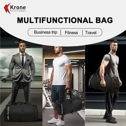 Krone Kalpasmos Gym Bag Small Foldable Lightweight Waterproof Multifunctional Partition Nylon Duffle Bag for Sports and Travel Black